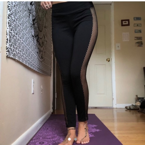 Black Leggings With Fishnet Side Panel 